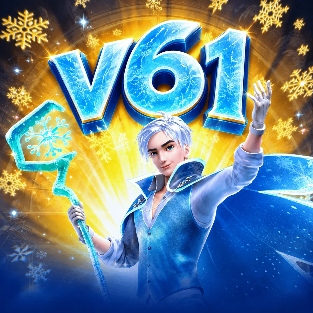 Karakter Jack Frost dengan tongkat es di bawah tulisan v61 bersalju