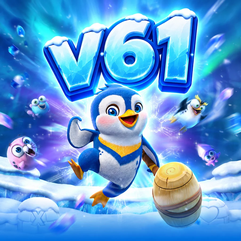 Karakter penguin biru memegang palu kayu di bawah teks es v61 dalam The Great Icescape